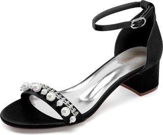 Generic Bridal Shoes Women Open Toe Pearl Block Heels Wedding Shoes Low Heel Chunky Heels Bridal Satin Heels Sandals 4.5Cm,Black,10 UK