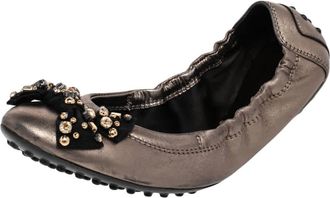 Tod's Tods Grey Leather Crystal Embellished Bow Ballet Flats