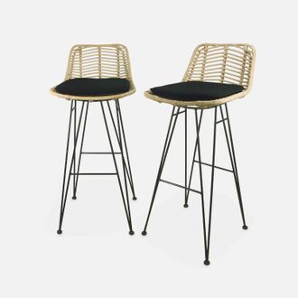 Sweeek Sweeek - Taburete De Bar De Metal Y Rat&aacute;n, Set De 2, Cahya, Negro, 42.5x48x97 Cm