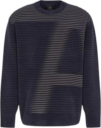 A|X Armani Exchange Round-neck Knitwear, male, Blue, Size: L Striped Crew Neck Sweater with Print