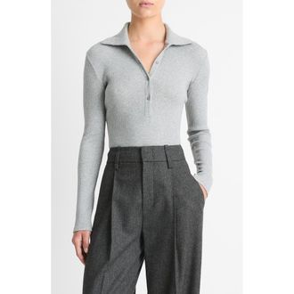 Vince Long Sleeve Rib Polo in Heather Mid Grey at Nordstrom Rack, Size X-Small
