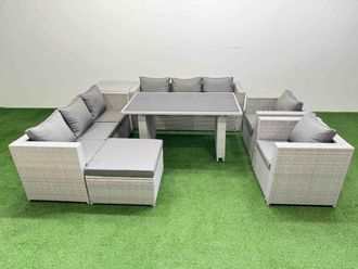 Fimous 9 Seater Outdoor Dining Table 3 Seater Sofa Set with Side Table Stool in Light Grey