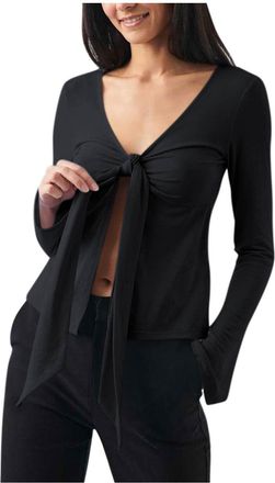 Generic Long Sleeve Tops for Women Sexy Deep V-Neck Slit T-Shirts Trendy Fall Casual Slim-Fit Pullover Top Y2k Bow Tie Knot Front Ruched Blouse Party Going Ou