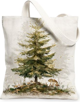 Generic Winter Rustic Tree Canvas Tote Bags, Nature Inspired Forest Design Reusable Grocery Bags, Lightweight Washable Shoulder Str, White, 13x15 Inch
