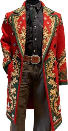 Generic Christmas Jacket For Men Corduroy Mid-Length Xmas Print Casual Trench Coat One Button Warm Durable Comfortable Festive Stylish Holiday Fit With Pocket