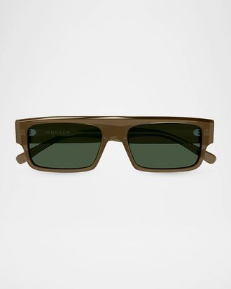 Alexander McQueen Men & apos;s AM0580S Flat Acetate Recycled Acetate Rectangular Sunglasses
