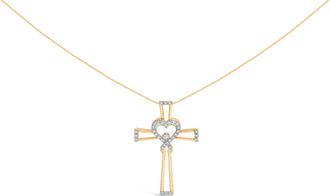 House of Brilliance 14K Yellow Gold Plated.925 Sterling Silver 1/6 Cttw Diamond Interlocking Heart and Ribbon Cross Pendant Necklace