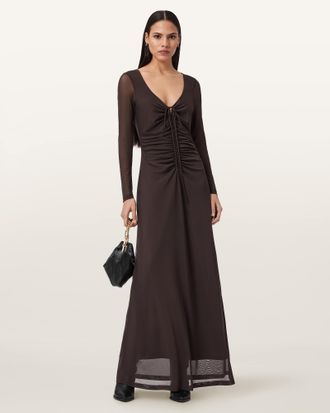 AllSaints Polyester Gabby Mesh Maxi Dress, Size: UK 14/US 10