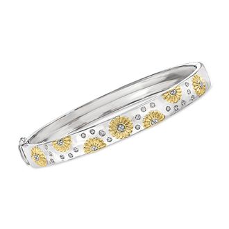 Ross-Simons Diamond-Accented Sunflower Bangle Bracelet in 2-Tone Sterling Silver