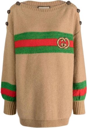 Gucci Interlocking G Patch Gebreide Trui - Dames - Ronde hals truien - Bruin - S - Wol - Truien & Vesten