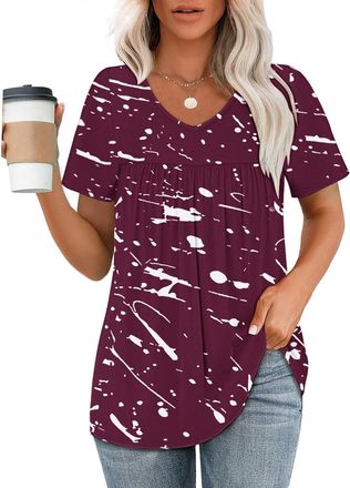 Generic Boho Fashion for Womens 2025 Floral Tops for Womens Trendy Summer Shirts 2025 Trendy Plus Size Boho Floral Tops Tunic Print Tees & Blouses Wine