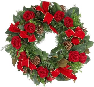 Creative Displays Inc. Handcrafted 26In Holiday Evergreen Wreath Arranged With Roses & Bows