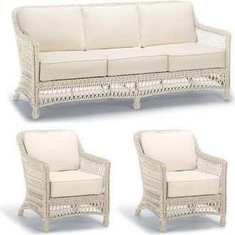 Frontgate Hampton 3-pc. Sofa Set with Two Lounge Chairs in Ivory Wicker - Standard, Sailcloth Cobalt with Natural Piping - Frontgate