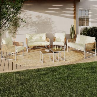 IDMarket Conjunto De Muebles Bajos De Jard&iacute;n Rio De 6 Plazas Con Estructura De Metal Blanco Y Cordaje Efecto Rat&aacute;n Y Cojines Beige