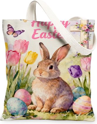 Generic Easter Rabbit Canvas Tote Bags, Floral Bunny Design Reusable Shopping Bags, Spring Vintage Lightweight Washable Shoulder St, Multicolor, 13x15 Inch