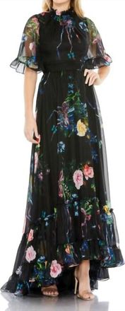 Mac Duggal Ruffle Neck Floral Print Dress In Black/multi