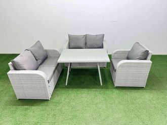 Fimous 5 Seater Outdoor Rattan Garden Furniture Love Sofa Reclining Chair Set in Light Grey