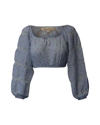 LoveShackFancy Albertina Floral Crop Top in Light Blue Cotton