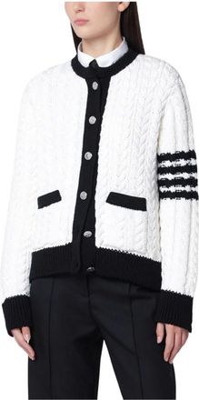 Thom Browne Aran Kabel Crew Neck Cardigan - Dames - Truien - Wit - Maat: M Wol