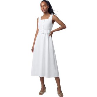 Jessica London Belted Linen Midi Dress in White at Nordstrom, Size 26