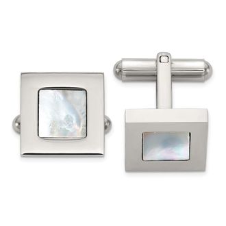 Diamond2Deal Stainless Steel Polished with Mother of Pearl Inlay Square Cuff Links