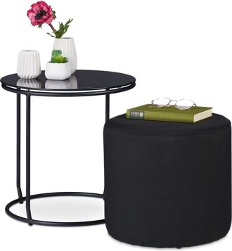 Relaxdays Relaxdays - Mesa Auxiliar Con Taburete, Mesita De Sof&aacute; Redonda, Ahorro De Espacio, Cristal Y Metal, 40 X 40 Cm, Negro