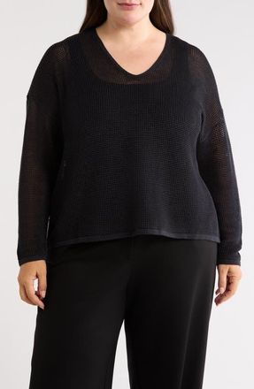 Eileen Fisher V-Neck Open Knit Sweater in Black at Nordstrom, Size 2X