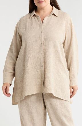 Eileen Fisher Long Crinkle Button-Up Top in Dove at Nordstrom, Size 2 X