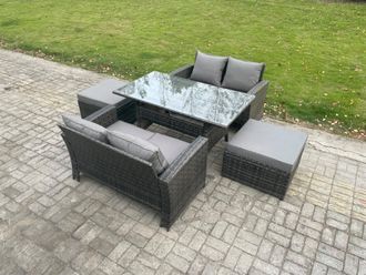 Fimous 6 Seater PE Wicker Rattan Garden Furniture Set Love Sofa Outdoor Rectangular Dining Table 2 Big Footstool Dark Grey Mixed