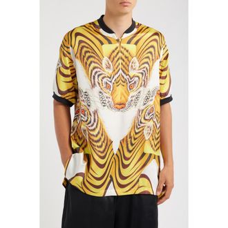 Yohji Yamamoto Tiger Graphic Satin Jersey Polo in Multicolour at Nordstrom, Size Xx-Large