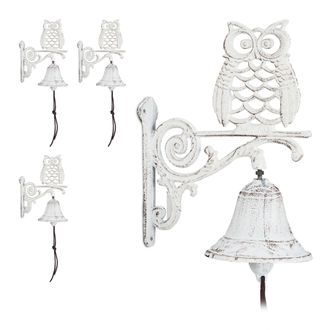 Relaxdays 4 Campanas Pared Hierro Fundido B&uacute;ho, Efecto Antiguo, Cuerda, Para Exterior, Decoraci&oacute;n Jard&iacute;n, Blanco