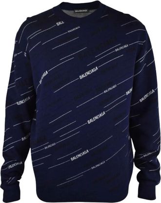 Balenciaga Truien & Vesten, Heren, Blauw, L, Wol, Alphabet Logo Ronde Hals Gebreide Top