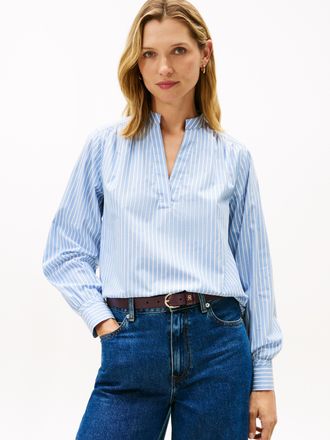 Tommy Hilfiger Shirtbluse TOMMY HILFIGER POPLIN V-NK BLOUSE, Damen, Gr. 34, american classic stp clear water, Web, Obermaterial: 100% Baumwolle, gestreift, regular f