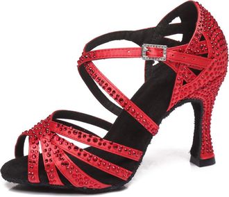 Minitoo Womens Ballroom Dance Shoes Glitter Rhinestones Salsa Latin Dancing Heels L423 Red UK 6.5