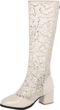 Generic Oversized Round Toe Hollow Design Women Mid Calf Boots with Elevated Thick High Heel for Ultimate Style and Comfort (Beige, 5.5)