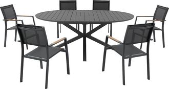 Vente-Unique Comedor de jard&iacute;n de aluminio: mesa redonda extensible L.150/200 cm y 6 sillones apilables - Antracita - YOHA de MYLIA