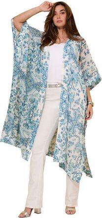Roaman's Plus Size Flowy Chiffon Duster in White Turquoise Stencil Floral at Nordstrom, Size X-Large