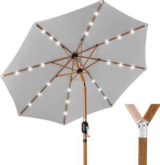 Best Choice Products 10ft Solar LED Lighted Outdoor Woodgrain Pattern Steel Market Patio Umbrella