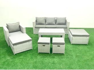 Fimous Rattan Garden Furniture Set Outdoor Lounger Sofa with Coffee Table 4 Footstools Light Grey Mixed - Fimous