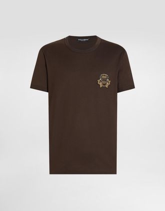Dolce & Gabbana Cotton T-shirt With Heraldic Patch - Man T-shirts And Polos Brown 44