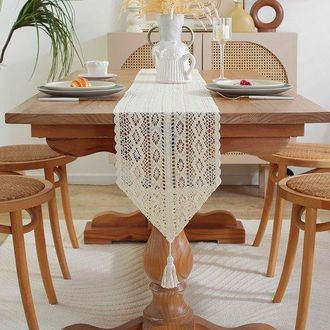 OEM Camino De Mesa De Algod&oacute;n Tejido De 24x200cm - Con Encaje Y Borlas - Estilo Bohemio Y R&uacute;stico - Para Mesa De Comedor Y Cocina