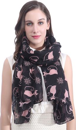 Lina & Lily Cat Kitten Print Womens Large Scarf Lightweight (Black and Pink)(Size: One Size)