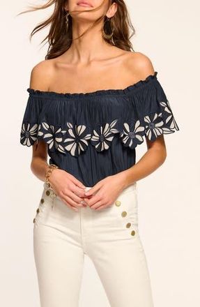 Ramy Brook Terri Embroidered Floral Ruffle Off the Shoulder Top in Navy at Nordstrom Rack, Size Small