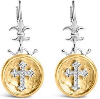 House of Brilliance 18K Yellow Gold Plated Silver 1/8 Ct Diamond Medallion Cross Dangle Earrings at Nordstrom