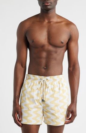 Bugatchi Cruz Wave Print Swim Trunks in Jojoba at Nordstrom, Size Xx-Large