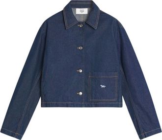 Maison Kitsun&eacute; Korte Japanse spijkerjas met Vos borduurwerk - Dames - Spijkerjassen - Blauw - L - Katoen - Jassen