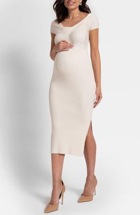 Seraphine Rib Knot Detail Off the Shoulder Midi Maternity Dress in Ecru at Nordstrom, Size Medium