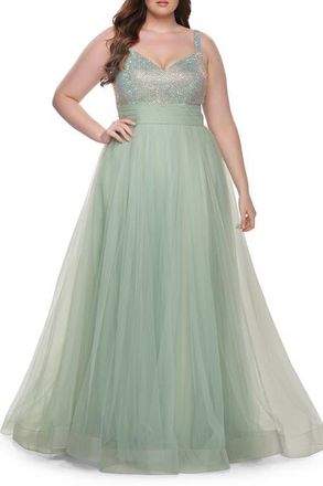 La Femme A-Line Plus Size Prom Dress with Rhinestone Bodice in Sage at Nordstrom, Size 20W
