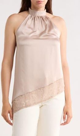Renee C Satin Lace Asymmetrical Halter Top in Beige at Nordstrom Rack, Size X-Large