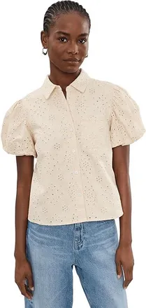 CeCe by Cynthia Steffe Collared Eyelet Embroidery Bubble Sleeve Top Womens Clothing Warm Vanilla : SM, Cotton